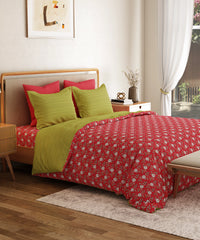 Everyday Printed Double Bedsheet Set, Petal Pop Red| 120TC Cotton|2 Pillow covers