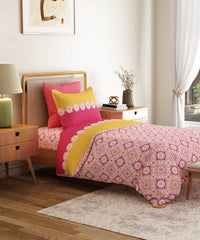 Everyday Printed Single Bedsheet Set, Meadow Pink| 120TC Cotton| 1 Pillow cover