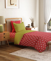 Everyday Printed Single Bedsheet Set, Petal Pop Red| 120TC Cotton| 1 Pillow cover