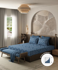 Home Essential Pastel Poetry King Fitted Bedsheet Set, Sanjh Denim|144TC Cotton| 2 Pillow Covers