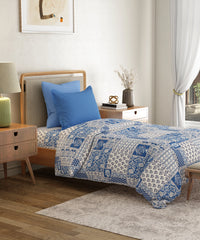 Everyday Printed Single Bedsheet Set, Agatha Blue| 120TC Cotton| 1 Pillow cover