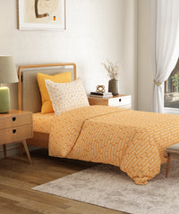 Everyday Printed Single Bedsheet Set, Domino Ochre | 120TC Cotton| 1 Pillow cover