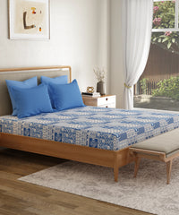 Everyday Printed Double Bedsheet, Agatha Blue| 120TC Cotton| 2 Pillow covers