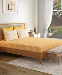 Everyday Printed Double Bedsheet, Domino Ochre | 120TC Cotton| 2 Pillow covers