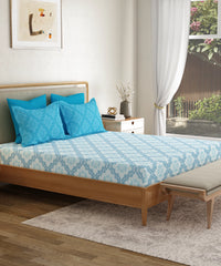Everyday Printed Double Bedsheet, Harper Blue | 120TC Cotton| 2 Pillow covers