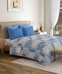 Everyday Printed King Bedsheet Set, Agatha Blue | 120TC Cotton| 2 Pillow covers