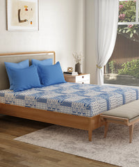 Everyday Printed King Bedsheet, Agatha Blue | 120TC Cotton| 2 Pillow covers
