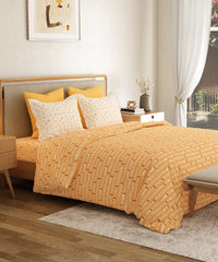 Everyday Printed King Bedsheet Set, Domino Ochre | 120TC Cotton| 2 Pillow covers
