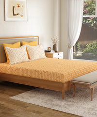 Everyday Printed King Bedsheet, Domino Ochre | 120TC Cotton| 2 Pillow covers