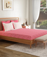 Everyday Printed King Bedsheet, Domino Pink | 120TC Cotton| 2 Pillow covers