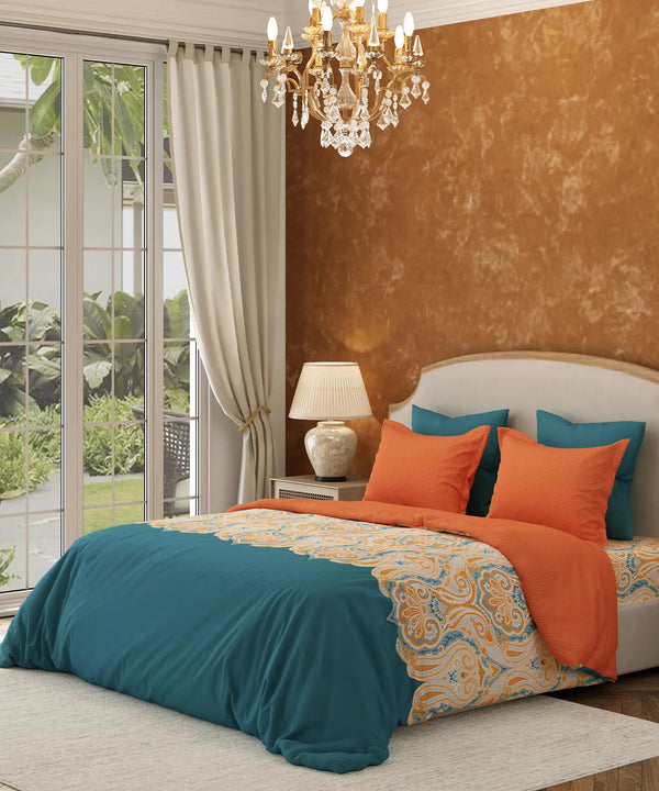 Carnival Gold Paisley King Bedsheet Set, Sitara Green| 144TC Cotton | 2 Pillow Covers