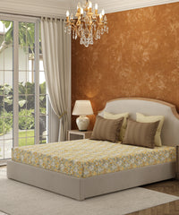 Carnival Floral Double Bedsheet Set, Nargis Khaki | 144TC Cotton | 2 Pillow Covers