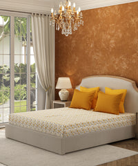 Carnival Floral Double Bedsheet Set, Rekh Yellow| 144TC Cotton | 2 Pillow Covers