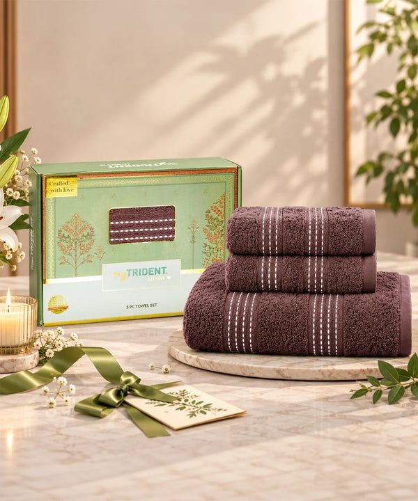 Utsav 3Pc Towel Set, Pecan Brown| 400 GSM| Premium Cotton