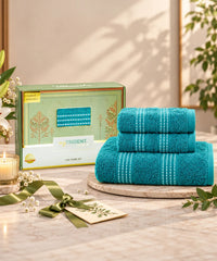 Utsav 3Pc Towel Set, Dark Aqua| 400 GSM| Premium Cotton