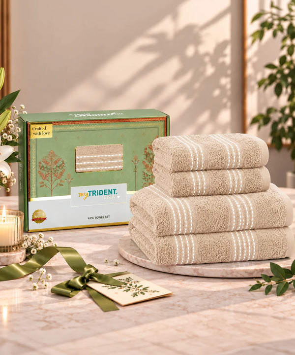 Utsav 4Pc Towel Set, Peanut Beige | 400 GSM | Premium Cotton