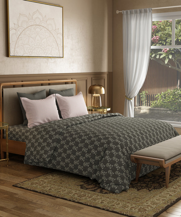 Utsav Printed King Bedsheet, Gulbahar Grey| 120TC Cotton| 2 Pillow Covers