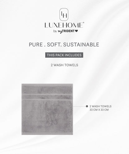 Luxe Home 2Pc Face Towel, Charcoal| 600 GSM Cotton Bamboo