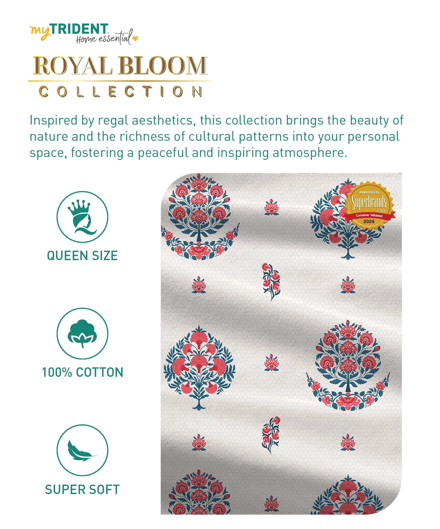 Home Essential Royal Bloom Queen Bedsheet Set, Lindon Blue| 144TC Cotton| 2 Pillow Covers
