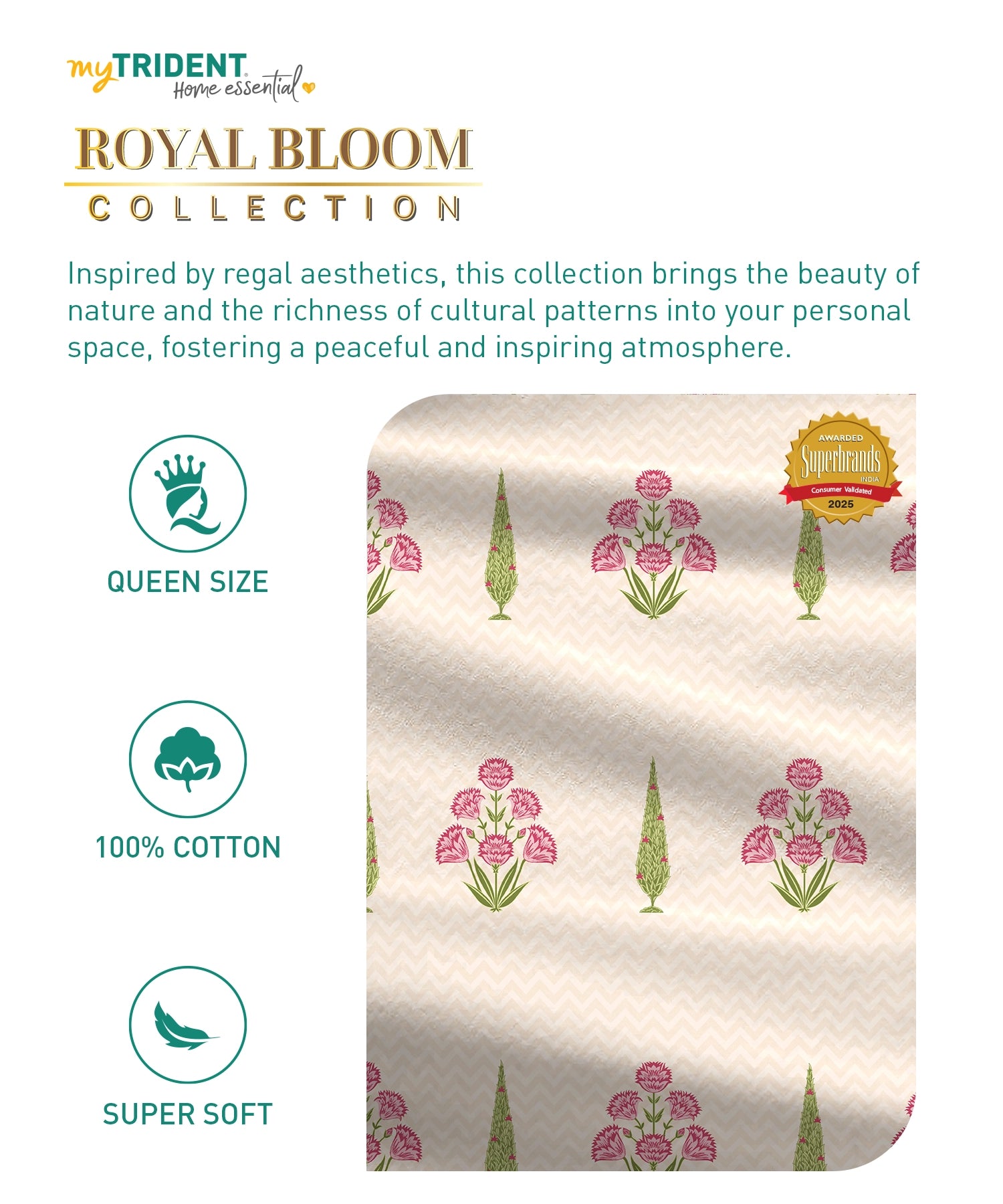 Home Essential Royal Bloom Queen Bedsheet Set, Raya Pink| 144TC Cotton| 2 Pillow Covers