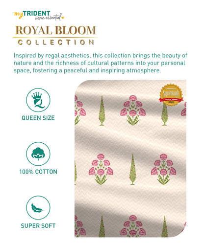 Home Essential Royal Bloom Queen Bedsheet Set, Raya Pink| 144TC Cotton| 2 Pillow Covers