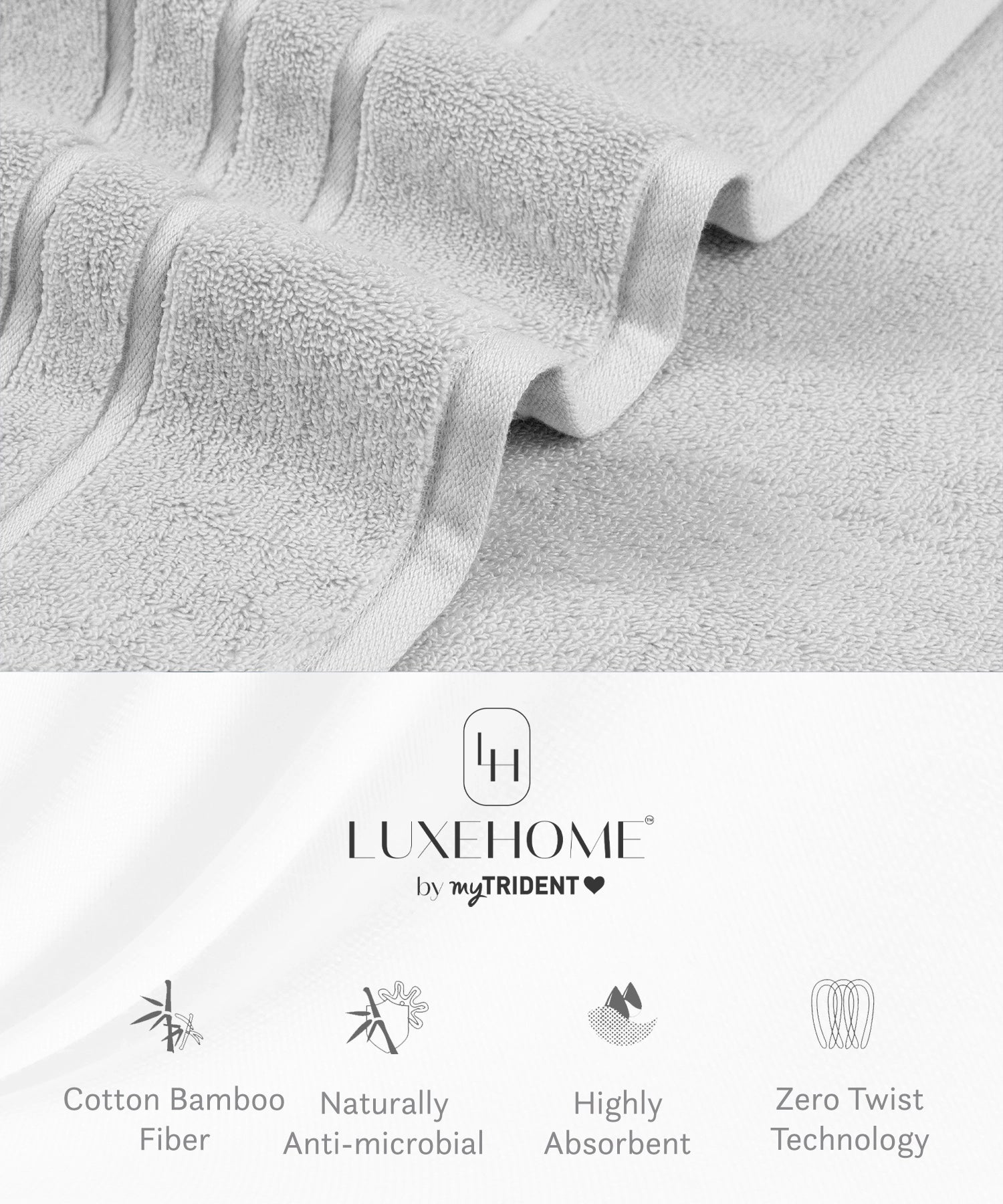 Luxe Home 1Pc Bath Towel, Silver| 600 GSM Cotton Bamboo