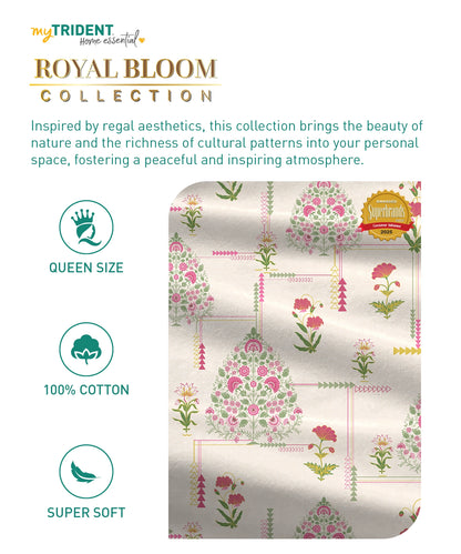Home Essential Royal Bloom Queen Bedsheet Set, Gilded Dream Pink| 144TC Cotton| 2 Pillow Covers