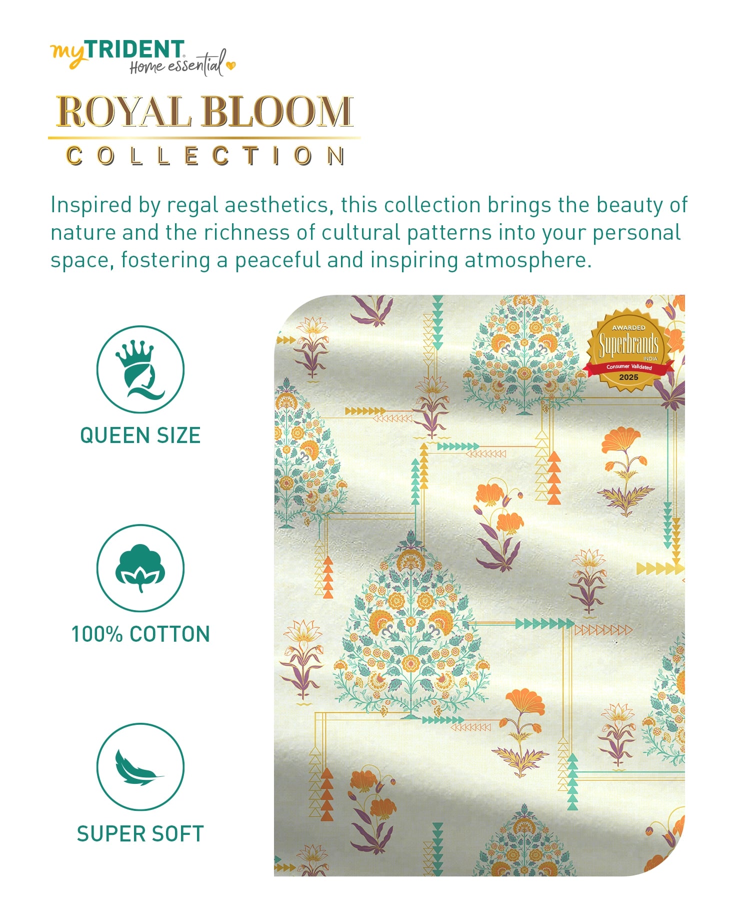 Home Essential Royal Bloom Queen Bedsheet Set, Gilded Dream Orange| 144TC Cotton| 2 Pillow Covers