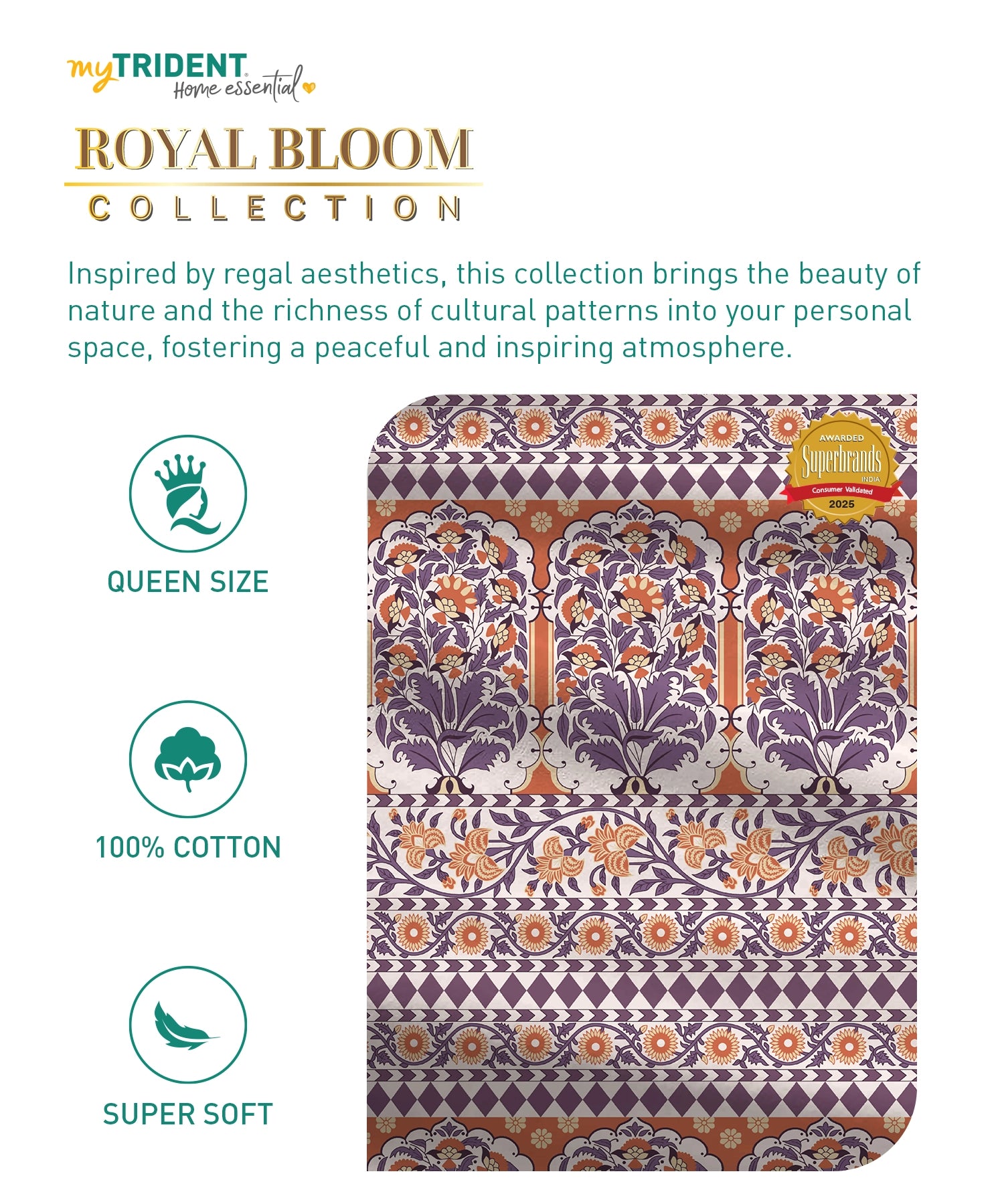 Home Essential Royal Bloom Queen Bedsheet Set, Rosario Purple| 144TC Cotton| 2 Pillow Covers