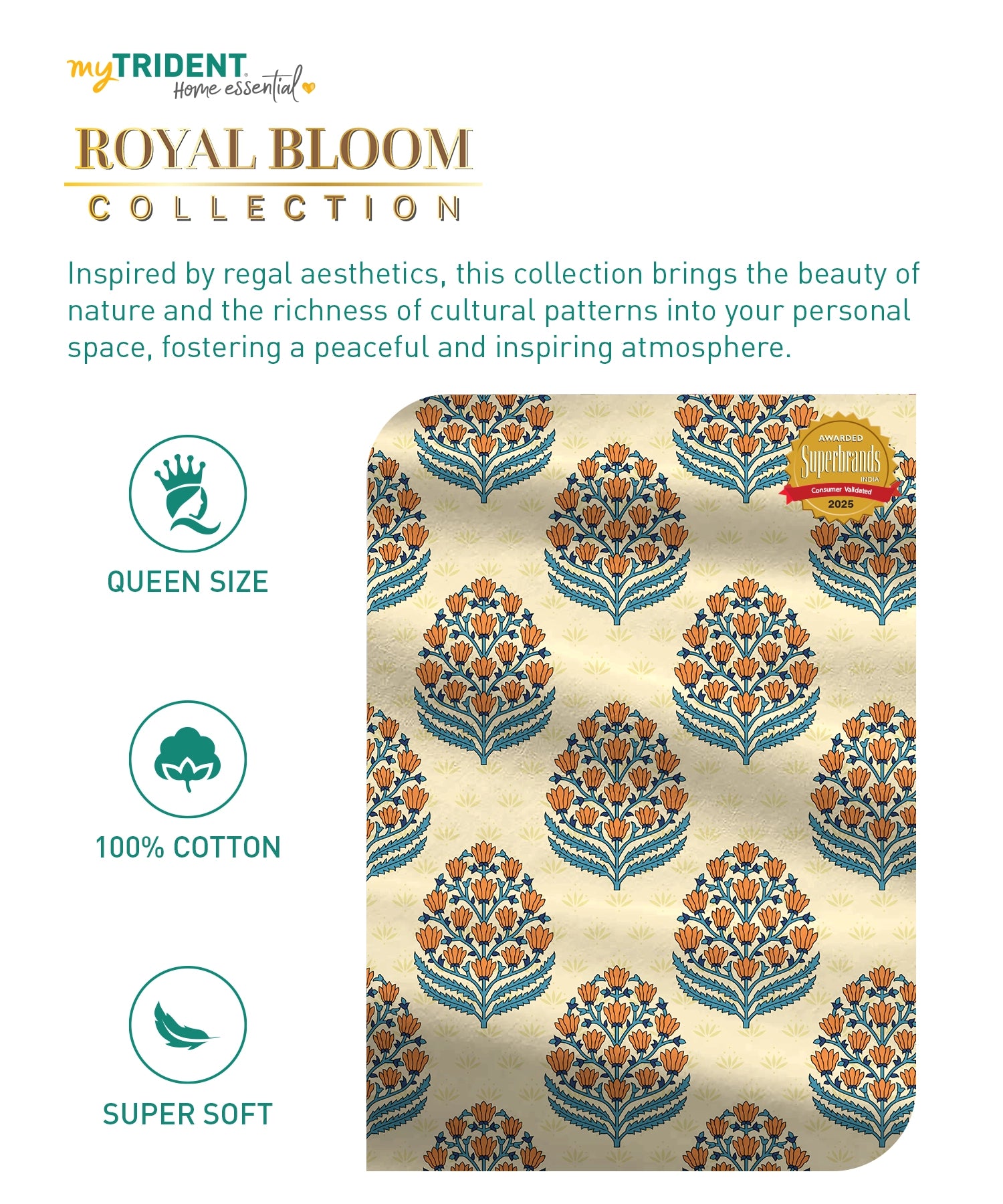 Home Essential Royal Bloom Queen Bedsheet Set, Dhalia Orange| 144TC Cotton| 2 Pillow Covers