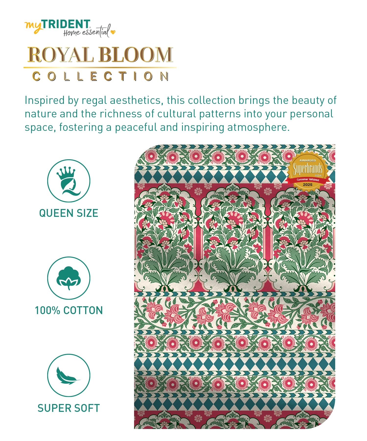 Home Essential Royal Bloom Queen Bedsheet Set, Rosario Teal| 144TC Cotton| 2 Pillow Covers