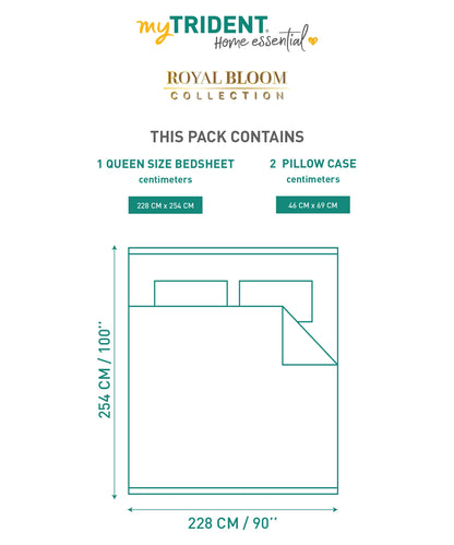 Home Essential Royal Bloom Queen Bedsheet Set, Raya Blue| 144TC Cotton| 2 Pillow Covers