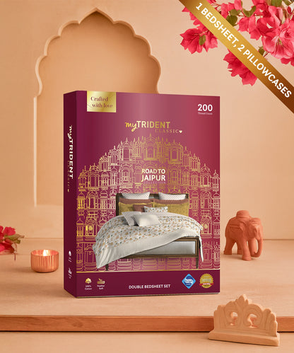 Road To Jaipur King Bedsheet Set, Bagru|210 TC Cotton |2 Pillow Covers