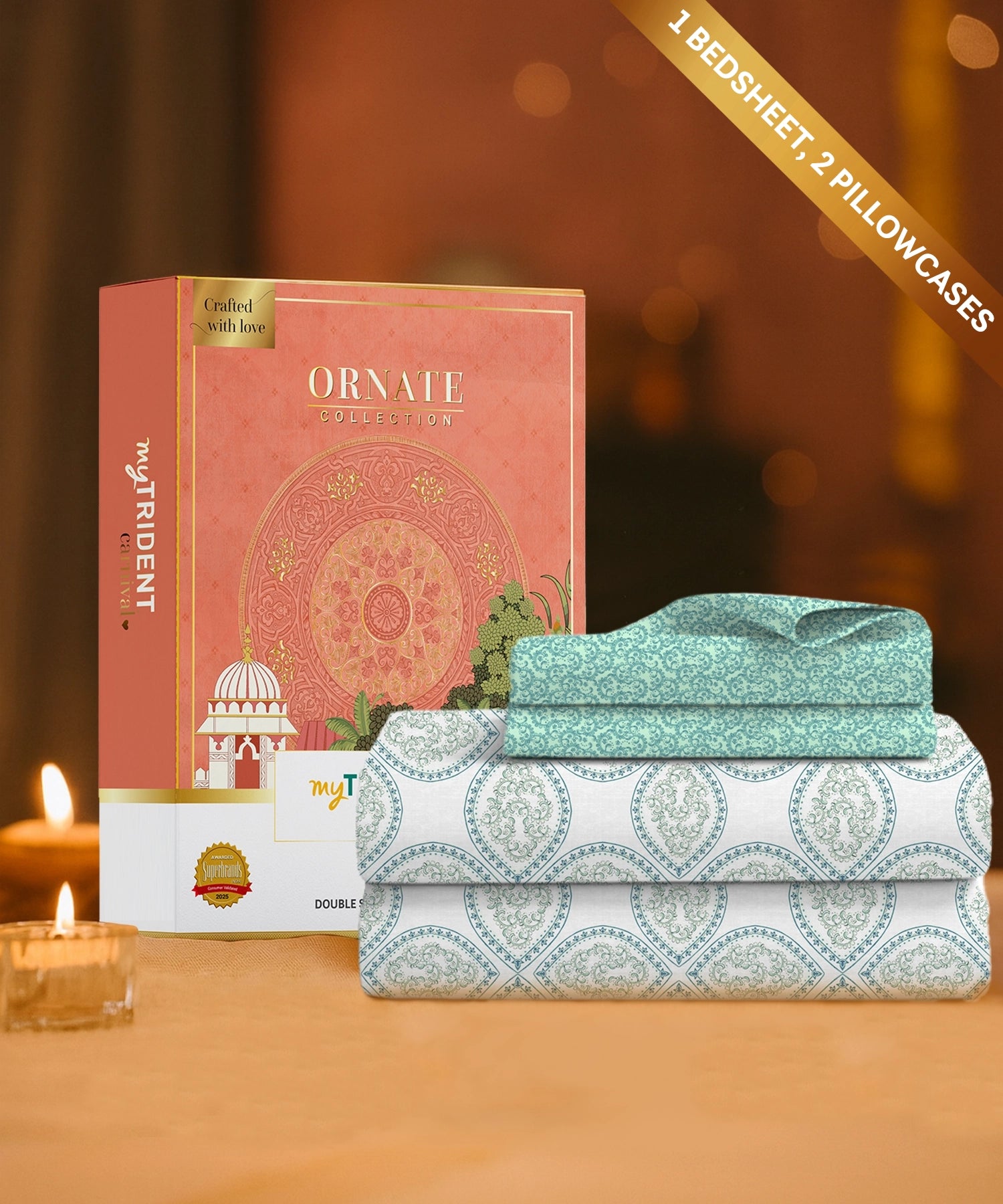 Carnival Ornate Queen Bedsheet, Chaithra Ice Green |144 TC Cotton| 2 Pillow Covers