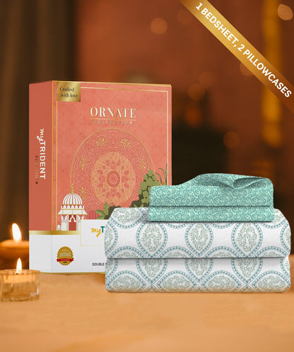 Carnival Ornate Queen Bedsheet, Chaithra Ice Green |144 TC Cotton| 2 Pillow Covers