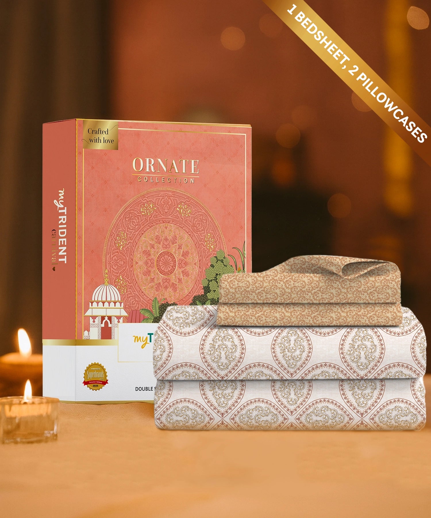 Carnival Ornate Queen Bedsheet, Chaithra Orange |144 TC Cotton| 2 Pillow Covers