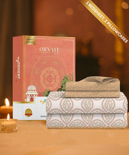 Carnival Ornate Queen Bedsheet, Chaithra Orange |144 TC Cotton| 2 Pillow Covers