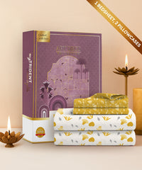 Carnival Gold Art Deco King Bedsheet, Ebony Yellow| 144 TC Cotton| 2 Pillow Covers