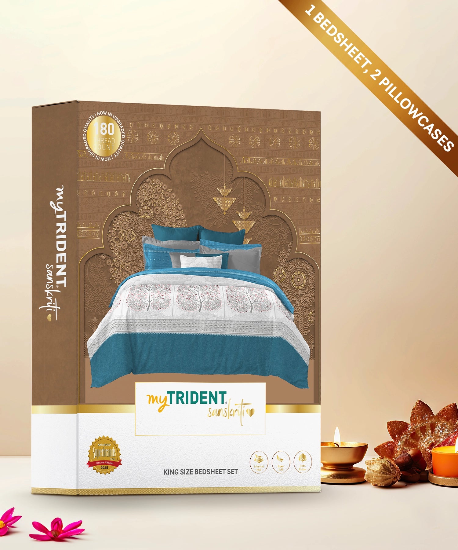 Sanskriti King Bedsheet, Gont Art Blue| 180 TC Cotton| 2 Pillow Covers