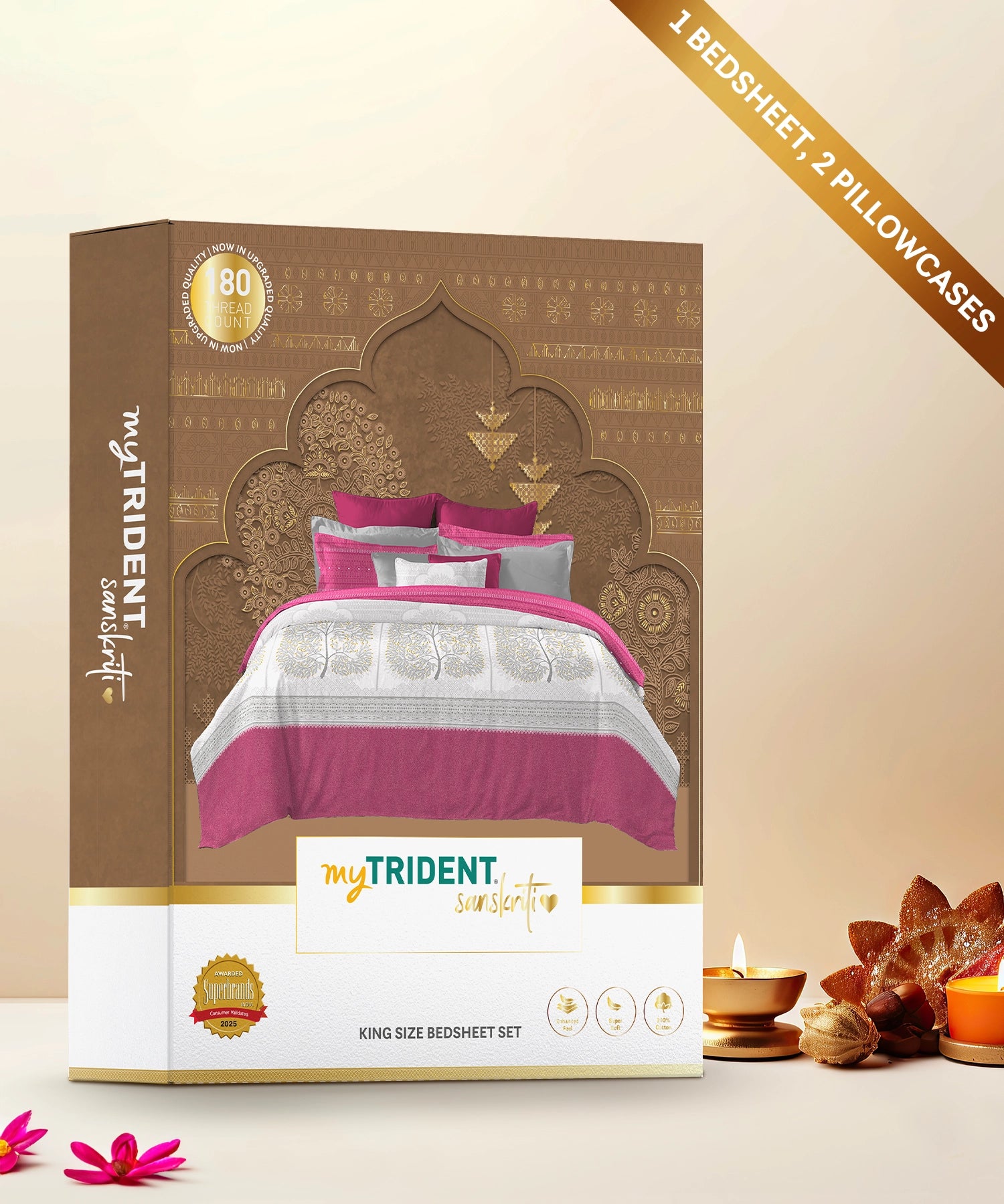 Sanskriti King Bedsheet, Gont Art Pink| 180 TC Cotton| 2 Pillow Covers