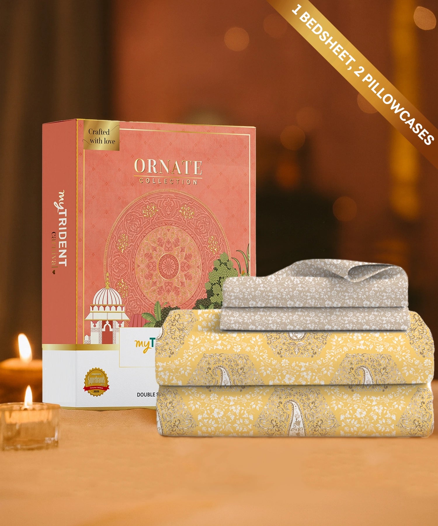 Carnival Ornate Queen Bedsheet, Heer Yellow|144 TC Cotton| 2 Pillow Covers
