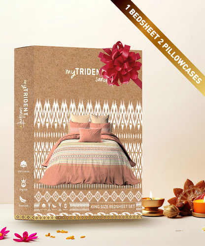 Sanskriti Ikkat Peach King Bedsheet With 2 Pillow Cover Gift Set, 144TC, 100% Cotton, Ornamental, Orange