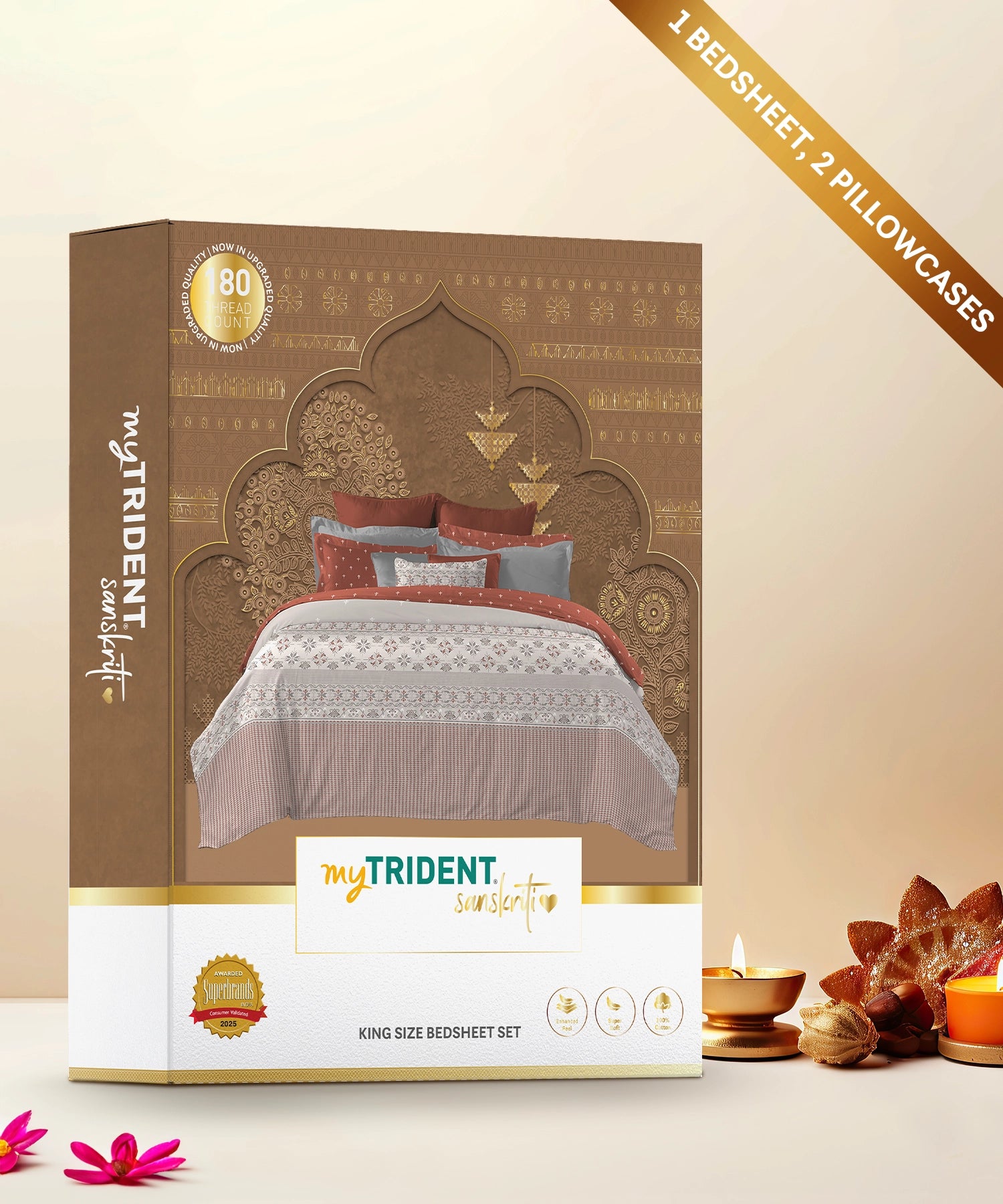 Sanskriti King Bedsheet, Kasuti Grey| 180 TC Cotton| 2 Pillow Covers