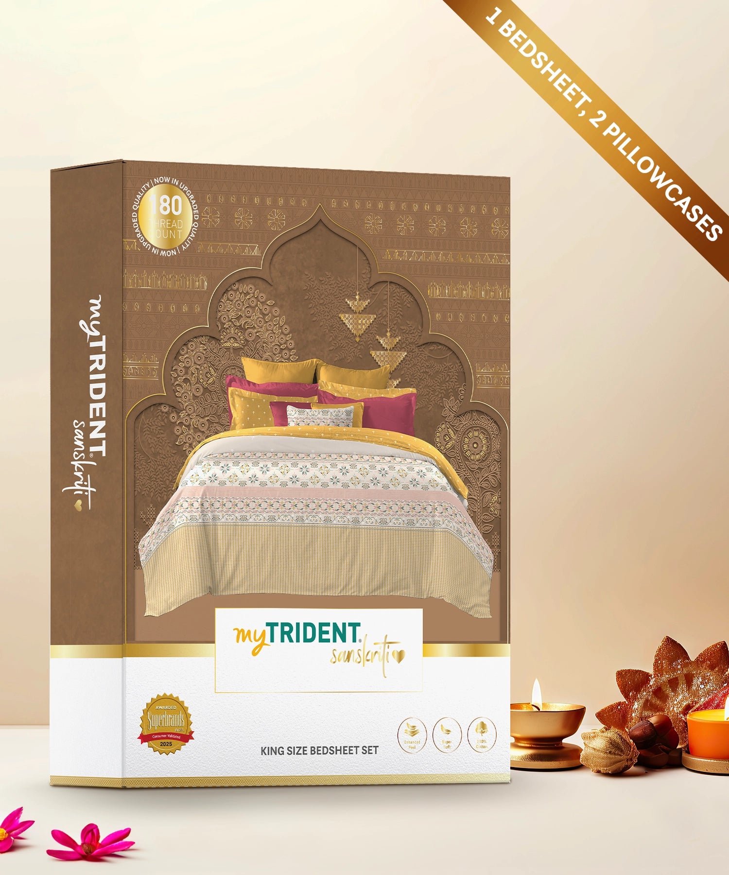 Sanskriti King Bedsheet, Kasuti Turmeric| 180 TC Cotton| 2 Pillow Covers