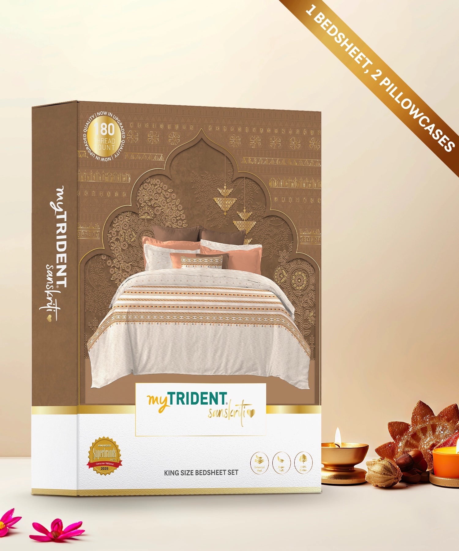 Sanskriti King Bedsheet, Kullu Shawl Beige| 180 TC Cotton| 2 Pillow Covers