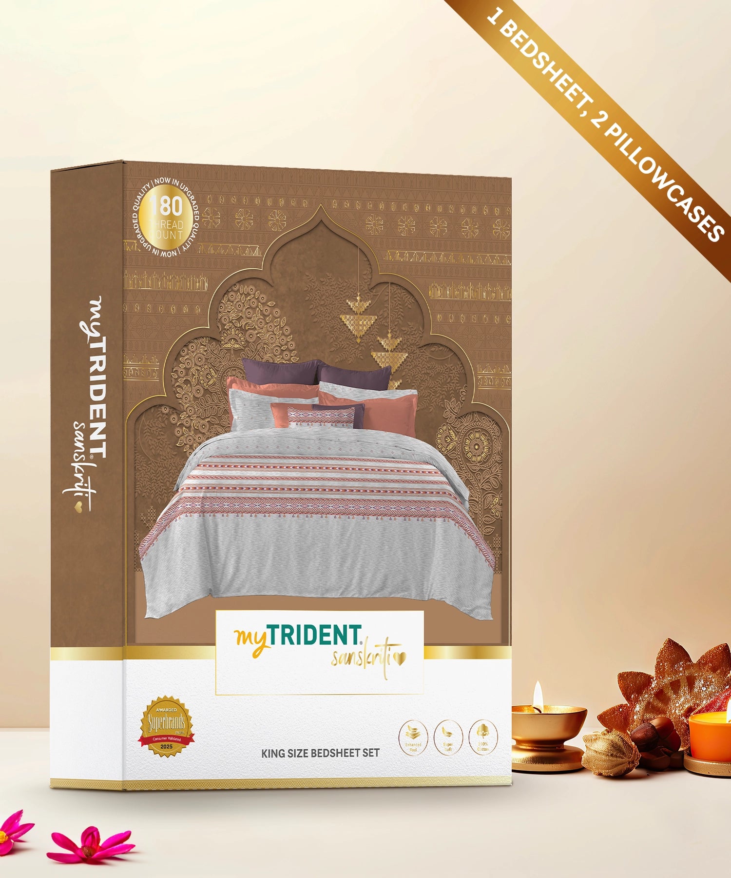 Sanskriti King Bedsheet, Kullu Shawl Grey| 180 TC Cotton| 2 Pillow Covers