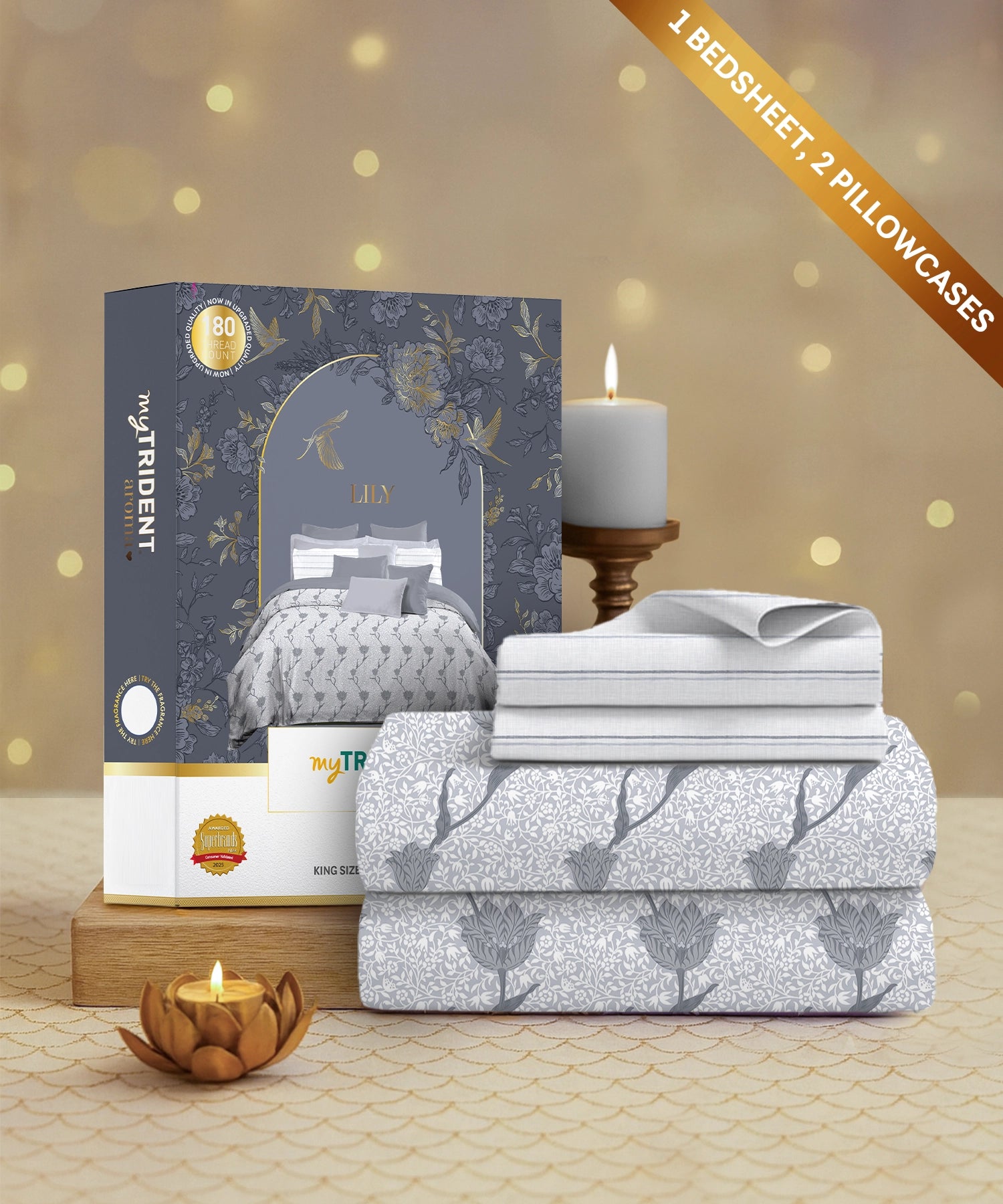 Aroma King Bedsheet Set, Oriental Lily|180 TC Cotton|2 Pillow Covers