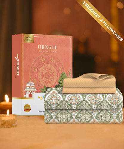 Carnival Ornate Queen Bedsheet, Manohari Sage |144 TC Cotton| 2 Pillow Covers