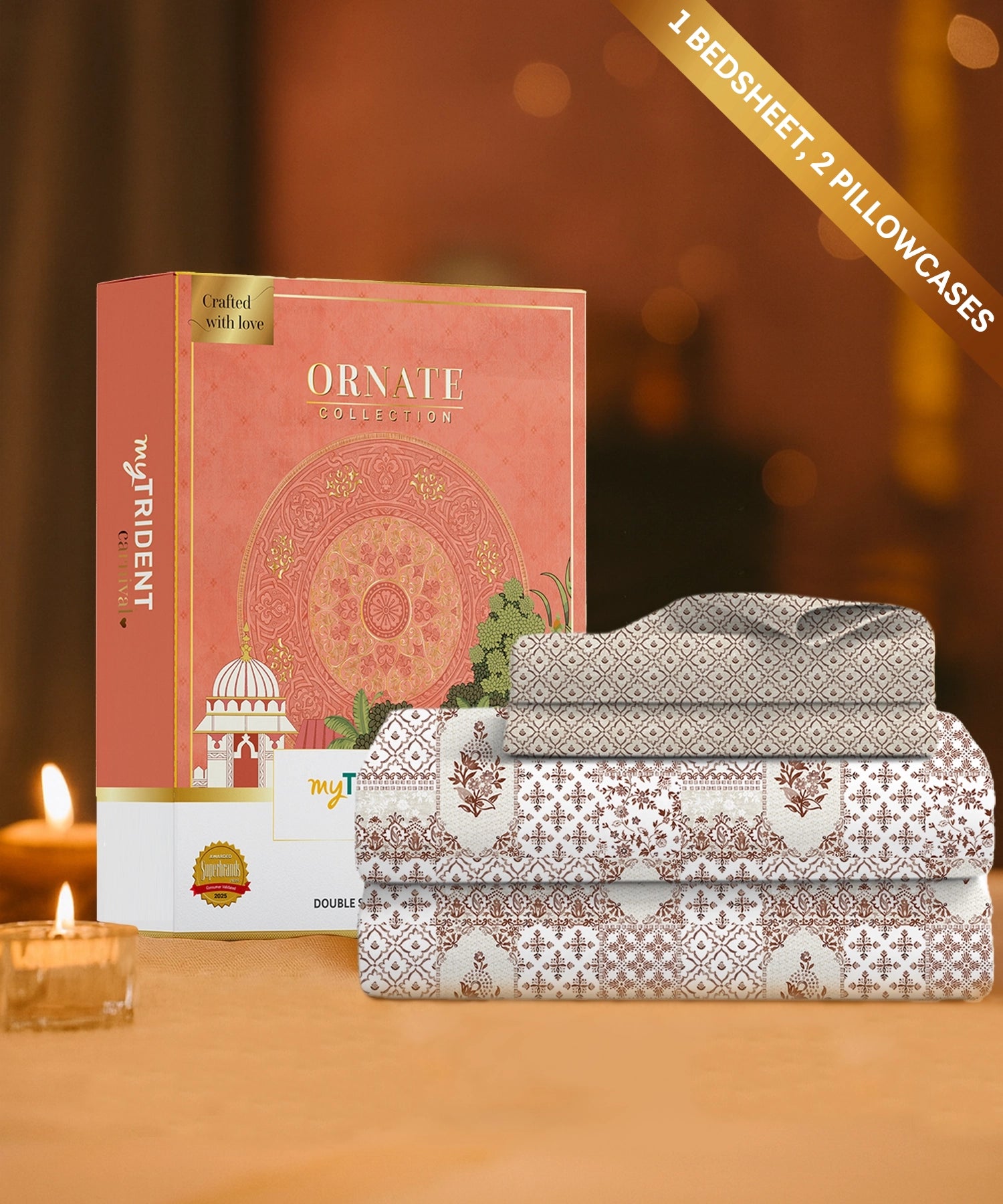 Carnival Ornate Queen Bedsheet, Meera Brown |144 TC Cotton| 2 Pillow Covers