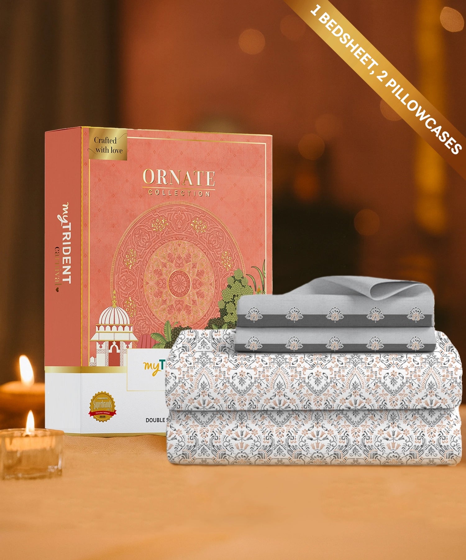 Carnival Ornate Queen Bedsheet, Mehendi Grey |144 TC Cotton| 2 Pillow Covers